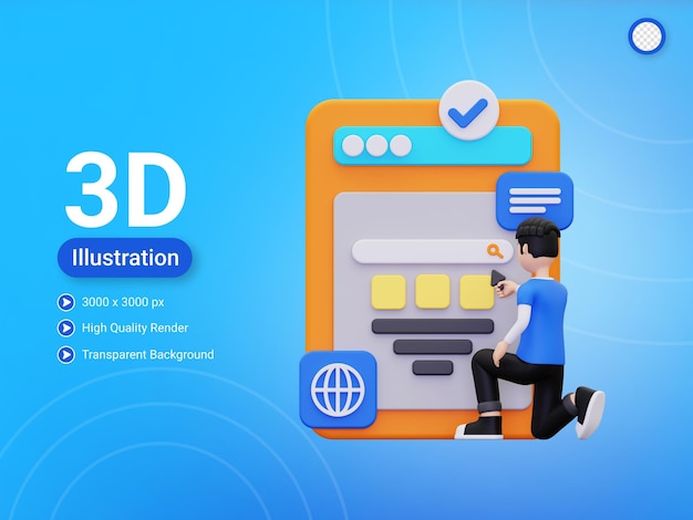 3d człowiek robi przeglądanie stron internetowych ilustracja