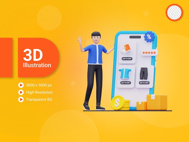 3d Człowiek Za Pomocą Ilustracji Aplikacji E-commerce