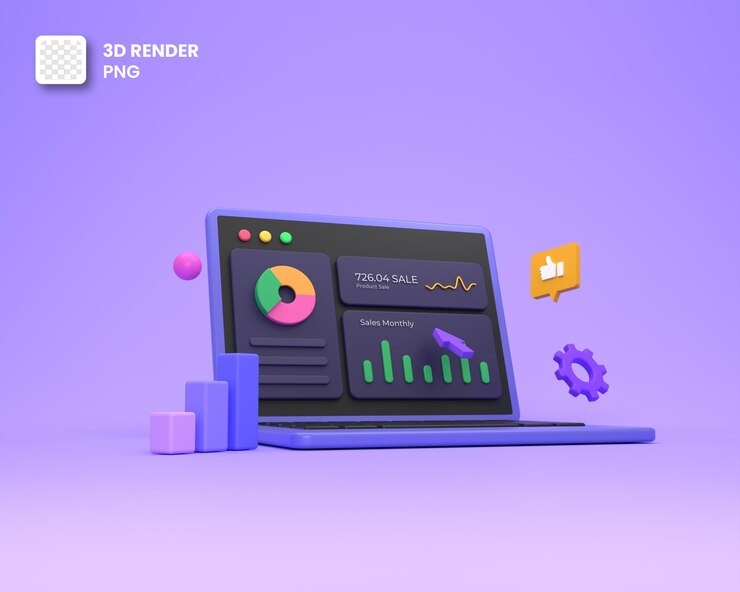 Аналитик веб-данных 3D Dashboard или финансовый отчет и SEO-маркетинг на ноутбуке