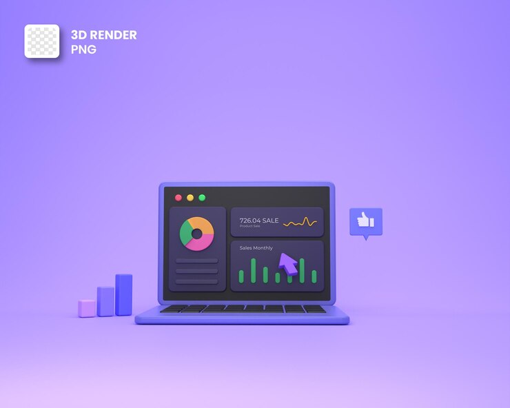 Аналитик веб-данных 3D Dashboard или финансовый отчет и SEO-маркетинг на ноутбуке