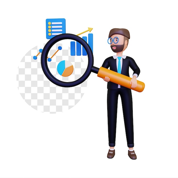 PSD 3d data information with business man holding a magnifying glass