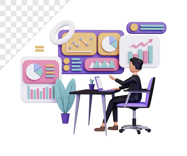 3d data information with business man sitting