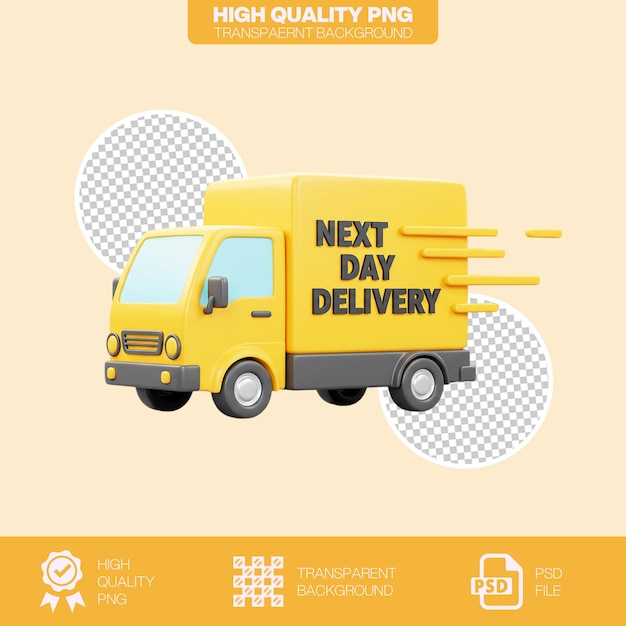 3d next day delivery truck icon with fast shipping text