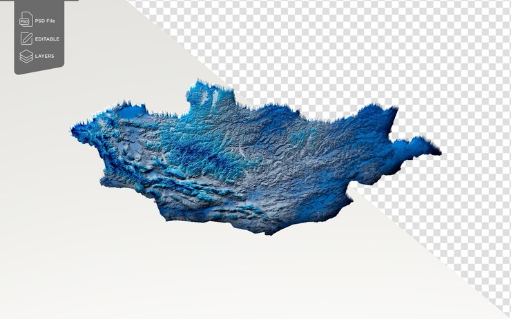 PSD 3d deep blue water mongolia map shaded relief texture map on white background 3d illustration