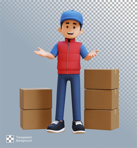 3d delivery man character comunicazione pose con parcel box