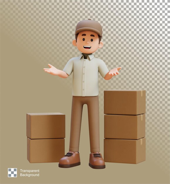 PSD 3d delivery man character comunicazione pose con parcel box