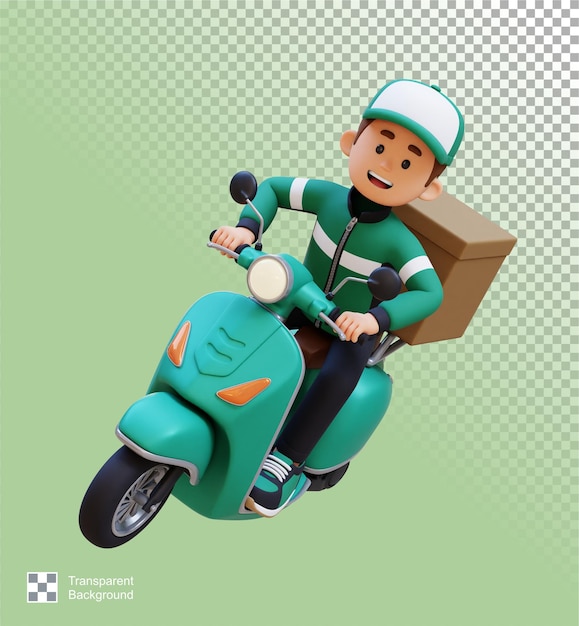 PSD 3d delivery man character deivering package with a scooter