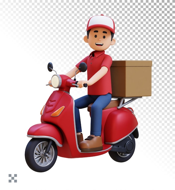 Delivery man 3d personaggio che consegna un pacco con uno scooter