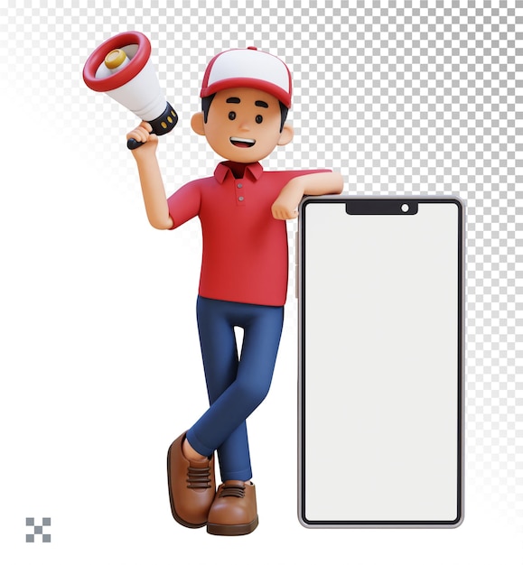 PSD 3d delivery man character holding megaphone and lying on big empty phone screen with parcel box