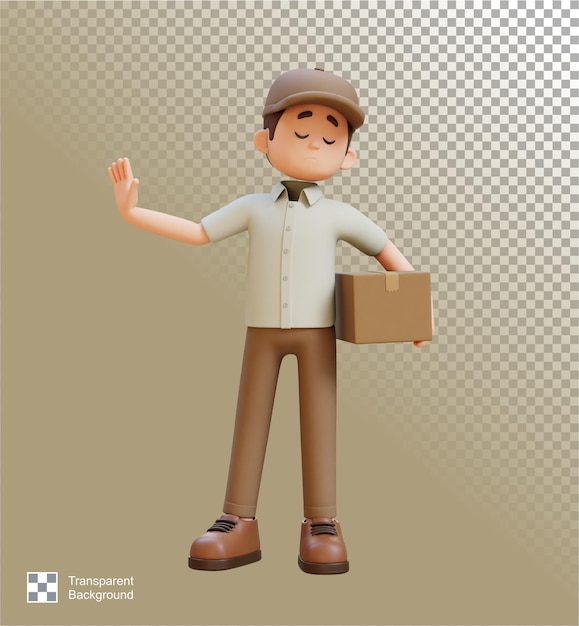 PSD 3d delivery man character in stop refusal pose with parcel box