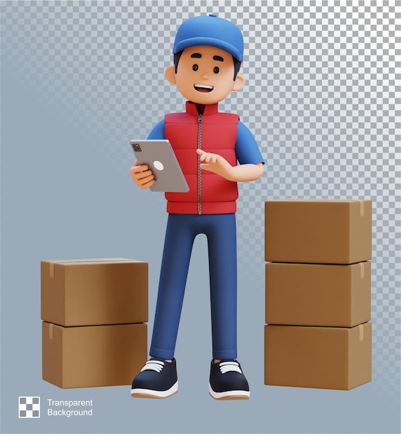 PSD 3d delivery man character werkt op tablet met parcel box