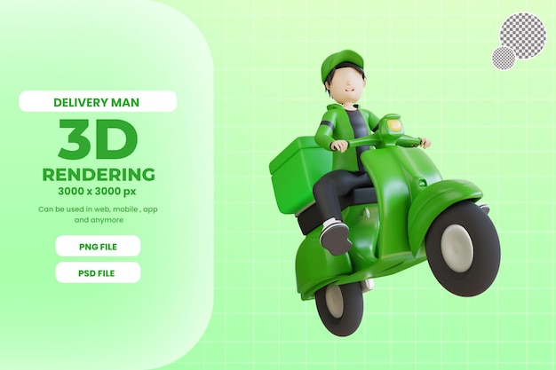 3d delivery man character with scooter premium psd