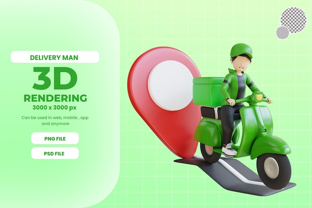 3d delivery man character with scooter on the road premium psd