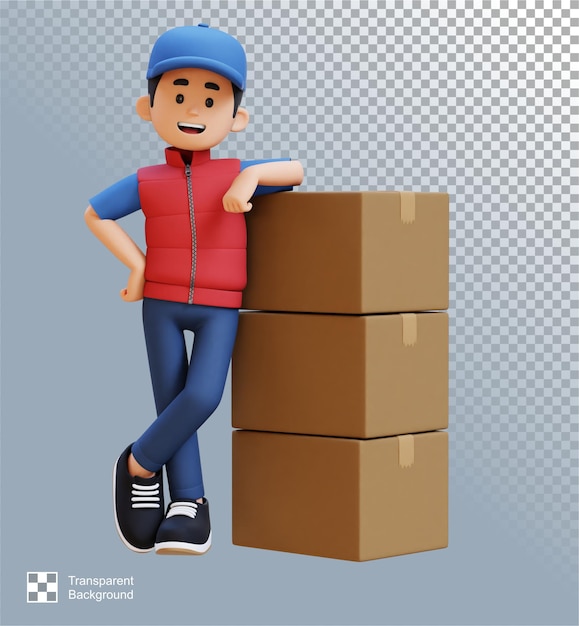 3d delivery man personage liggend op een stapel dozen