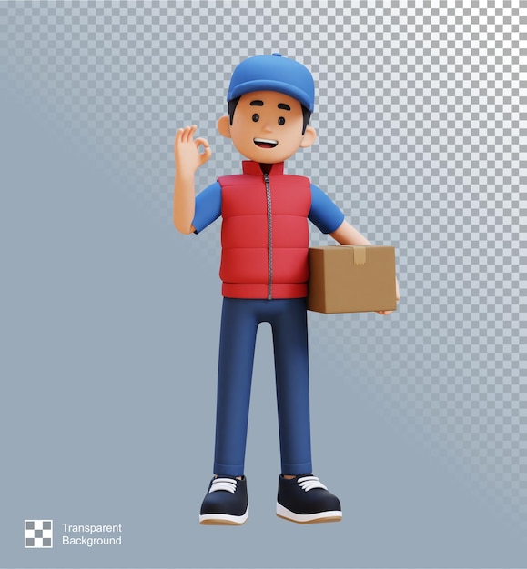 3d delivery man personage met ok sign hand pose met parcel box