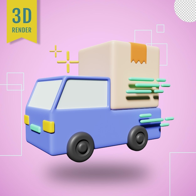 PSD 3d грузовик доставки и картон с прозрачным фоном