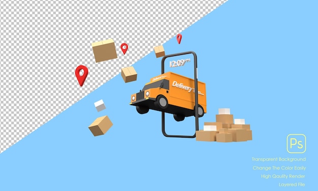 PSD 3d a delivery truck coming out of a mobile phone ready to ship spreed online shopping delivery