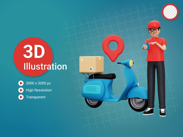 3d Deliveryman Looking at delivery location through smartphone