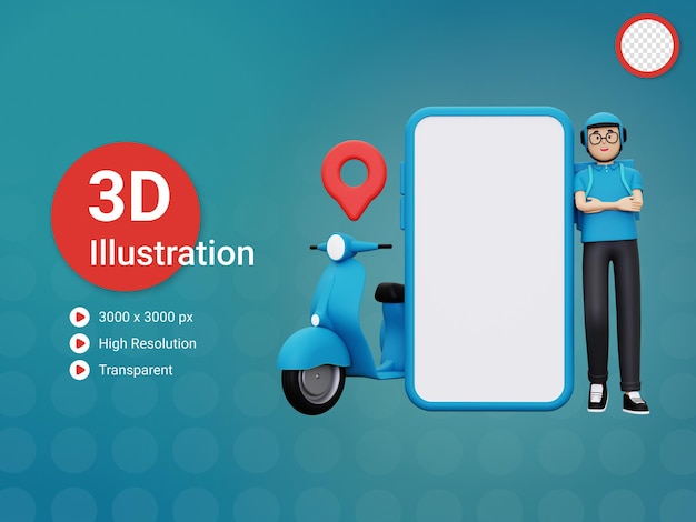 3d Deliveryman Stojący Z Ilustracją Koncepcji Smartfona