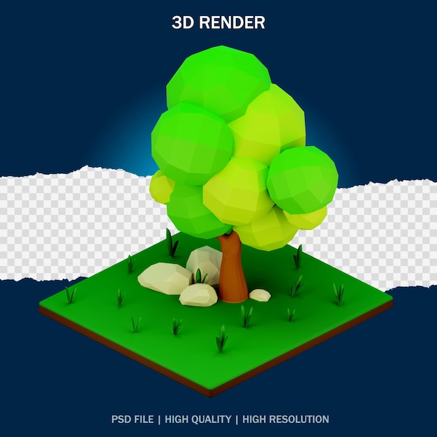 3d design of low poly trees and stones in a small garden on a transparent background