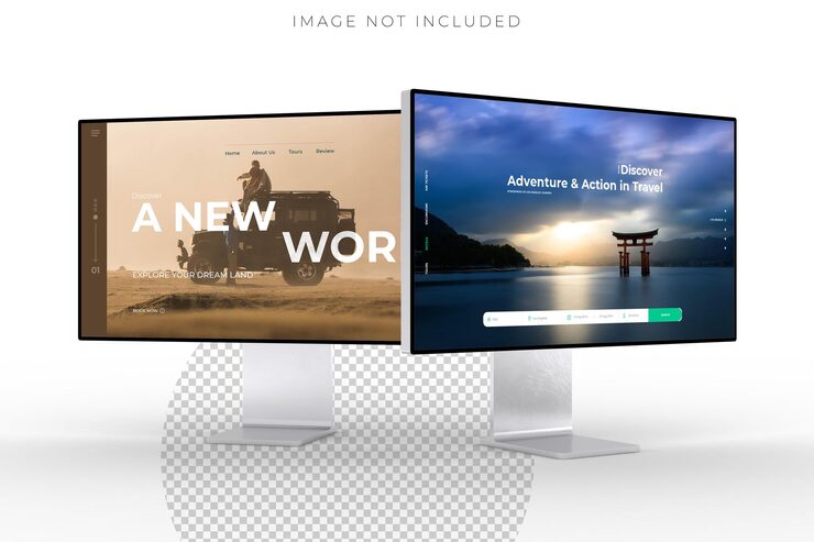 PSD 3d desktop computer monitor with empty display device screen mockup blank screen isolated on background perfect for showcase websites apps browser interfaces business layout responsive design
