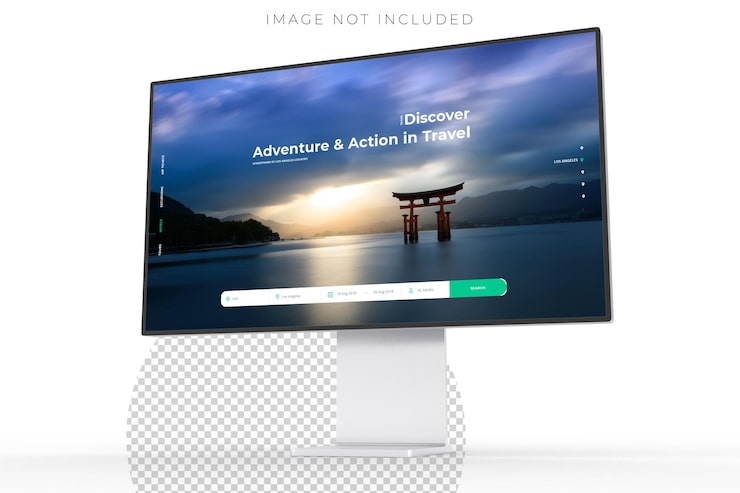 PSD 3d desktop computer monitor with empty display device screen mockup blank screen isolated on background perfect for showcase websites apps browser interfaces business layout responsive design
