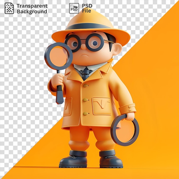 PSD 3d detective cartoon investigating a crime scene with a toy and various accessories including a tan hat black and blue tie and blue handle while a white hand and long arm are