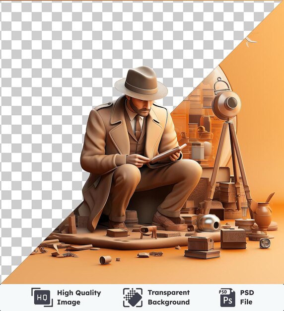 PSD 3d detective solving a mystery man in a suit and hat sits in front of an orange wall surrounded by a green plant and a white airplane he wears a black tie and holds a