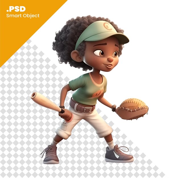 PSD 3d digitaal maken van een kleine afro-amerikaanse honkbalspeler geïsoleerd op een witte achtergrond psd-sjabloon