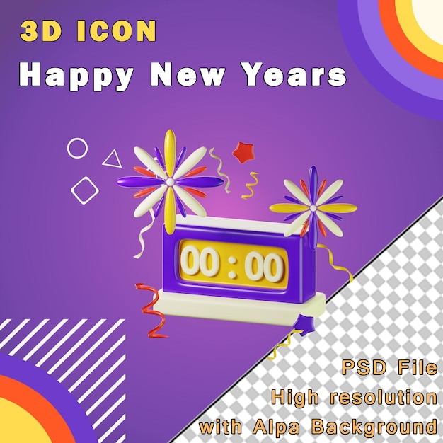 Orologio digitale 3d icona di capodanno 3d