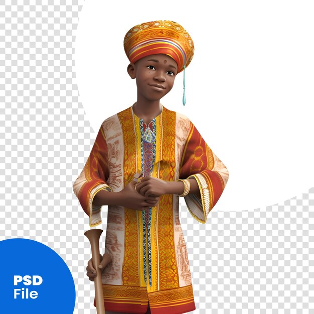 PSD 3d digital render of an african man in traditional clothes with a cane isolated on white background psd template