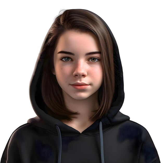 PSD 3d digital render of a beautiful teenager girl with hood isolated on white background