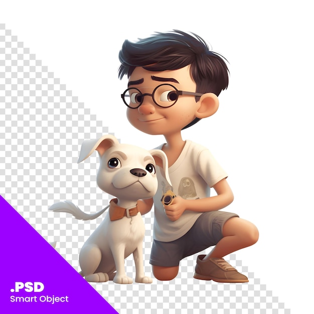 白い背景に分離された犬を持つかわいい男の子の 3 D デジタル レンダリング PSD テンプレート