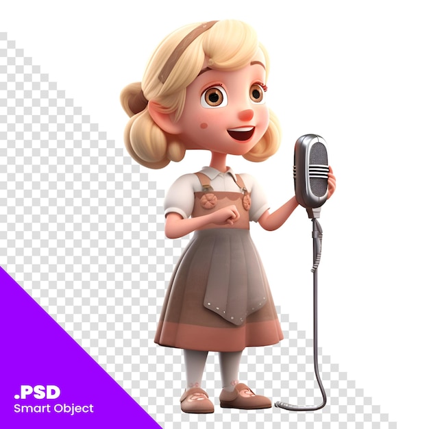 PSD rendering digitale 3d di una ragazza carina cartone animato che canta con un modello psd di microfono