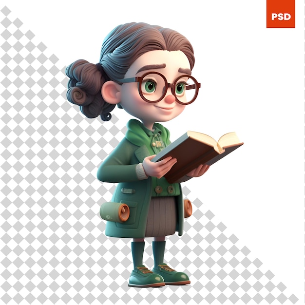 PSD 3d digital render of a cute cartoon girl with glasses reading a book