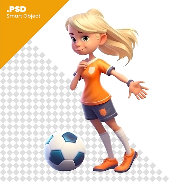 PSD render digitale 3d di una ragazzina carina che gioca a calcio isolata su sfondo bianco modello psd