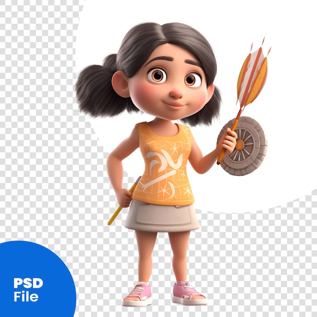 Rendering digitale 3d di una bambina carina con una freccia in mano modello psd