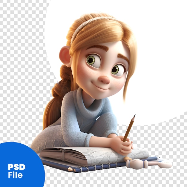 PSD 3d digital render of a cute little girl writing on a notebook isolated on white background psd template