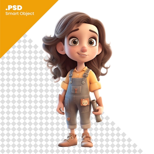 PSD 3d digital render of a cute little mechanic girl isolated on white background psd template