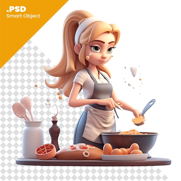 Render digitale 3d di una giovane donna carina che cucina nel modello psd della cucina