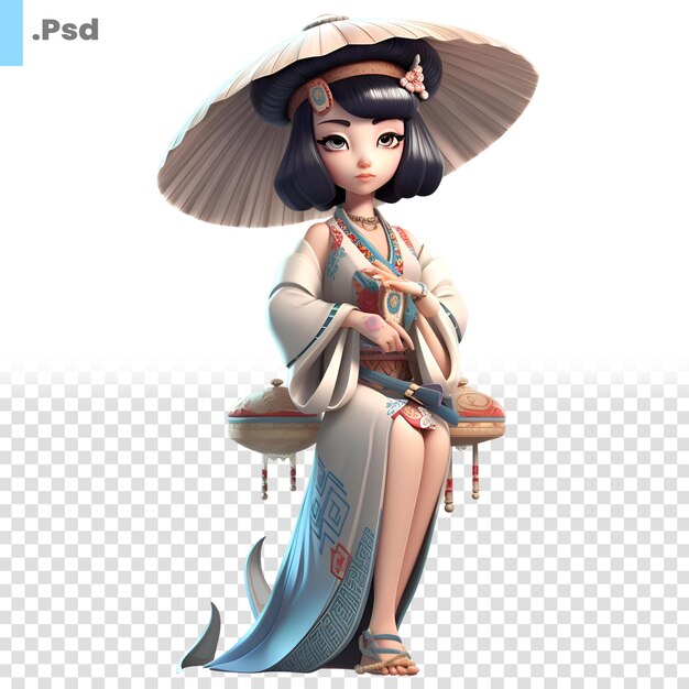 PSD render digitale 3d di una geisha giapponese isolata su sfondo bianco modello psd