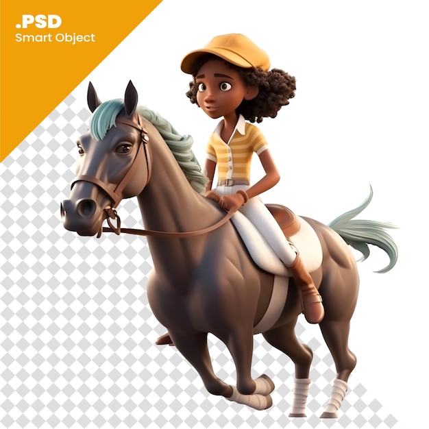 PSD render digitale 3d di una piccola ragazza afroamericana a cavallo isolata su sfondo bianco modello psd