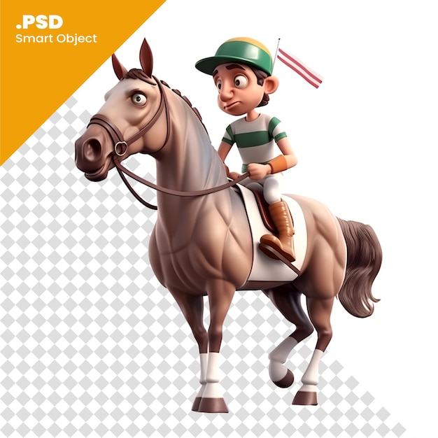 PSD render digitale 3d di un ragazzino a cavallo isolato su sfondo bianco modello psd