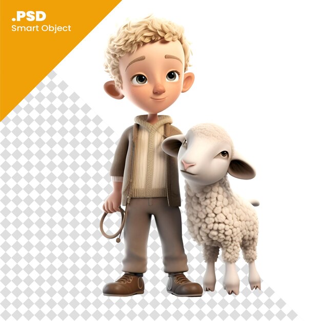 Render digitale 3d di un ragazzino con una pecora isolata su sfondo bianco modello psd