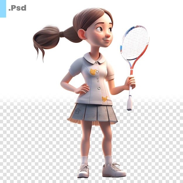 白い背景に分離されたテニスをしている女の子の 3 D デジタル レンダリング PSD テンプレート