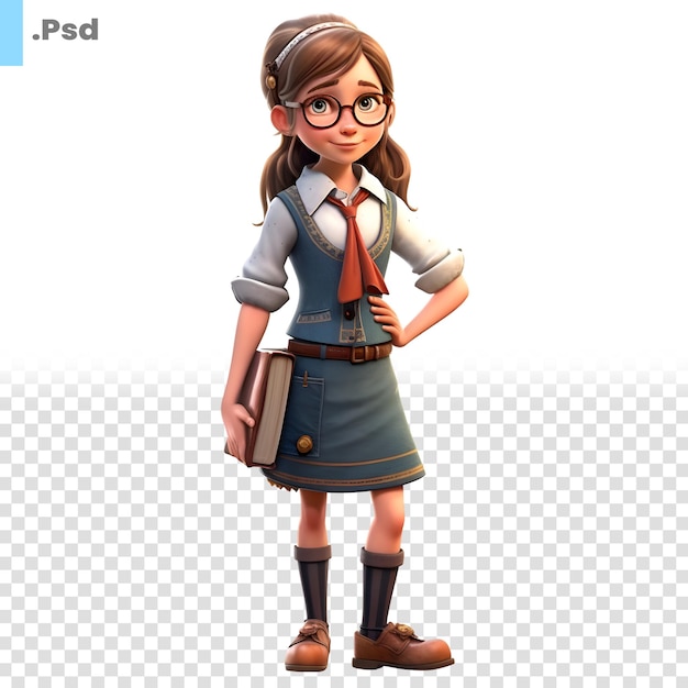 3D digital render of a little girl with glasses and a book PSD template