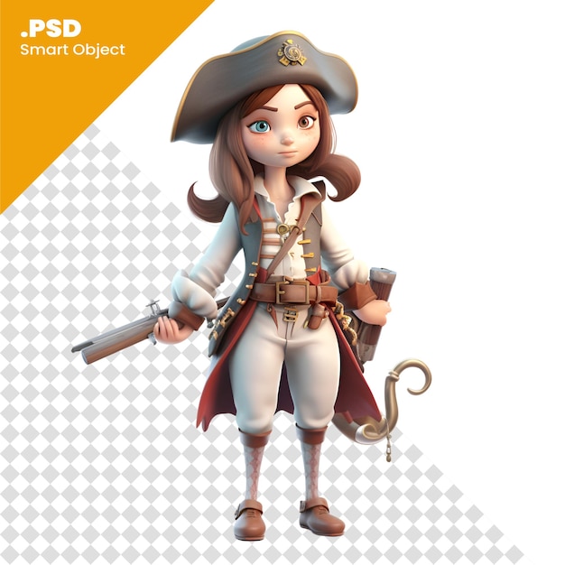 白い背景のpsdテンプレートに隔離されたアニメの海賊娘の3dデジタルレンダリング