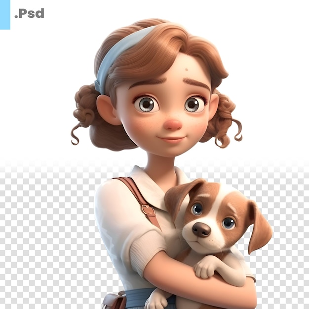 白い背景に分離された彼女の犬を抱き締めるかわいい漫画の女の子の 3 d デジタル レンダリング psd テンプレート