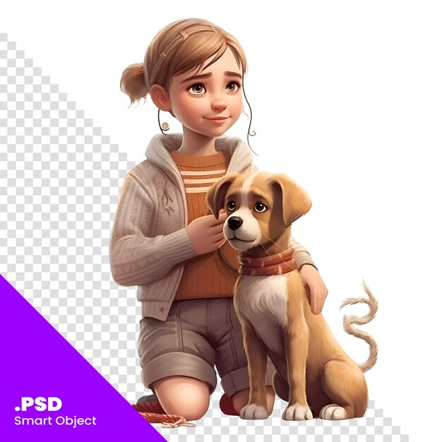 PSD 3d цифровой рендеринг милой девушки с собакой на белом фоне psd шаблон