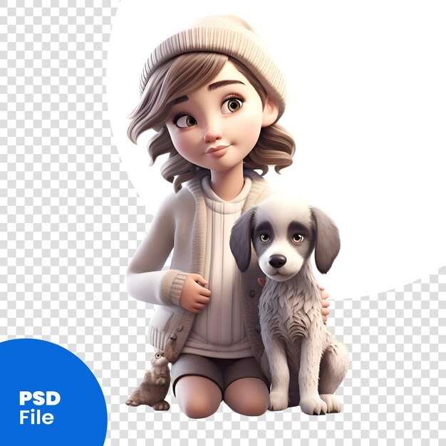색 배경에 고립 된 개와 함께 귀여운 소녀의 3d 디지털 렌더링 Psd 템플릿